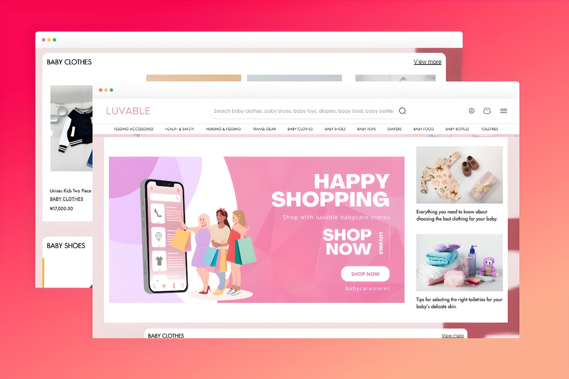 Luvable Babycare Stores ecommerce website with product categories, a pink shopping banner and babycare products